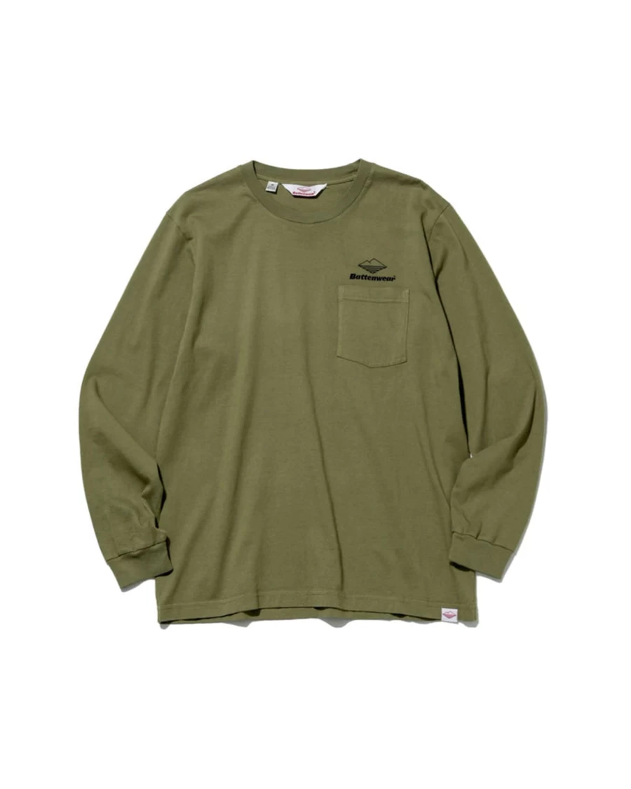 Battenwear Men's Olive Team Long Sleeve Pocket T-Shirt