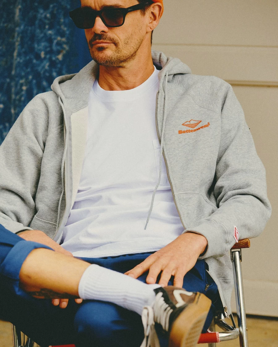 Battenwear Men's Team Reach-Up Zip Hoodie - Heather Grey Pullover Fleece Jacket