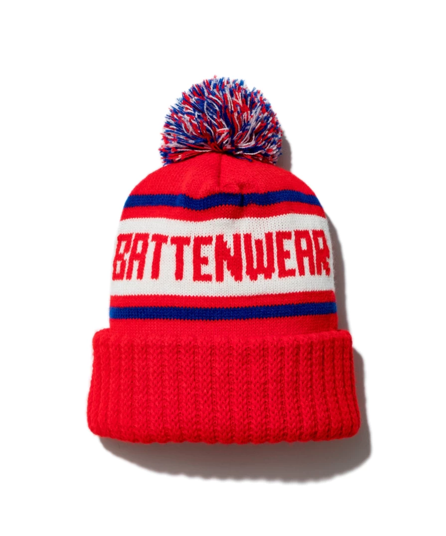 Battenwear Men's Red Logo Beanie - Embroidered Winter Hat for Men