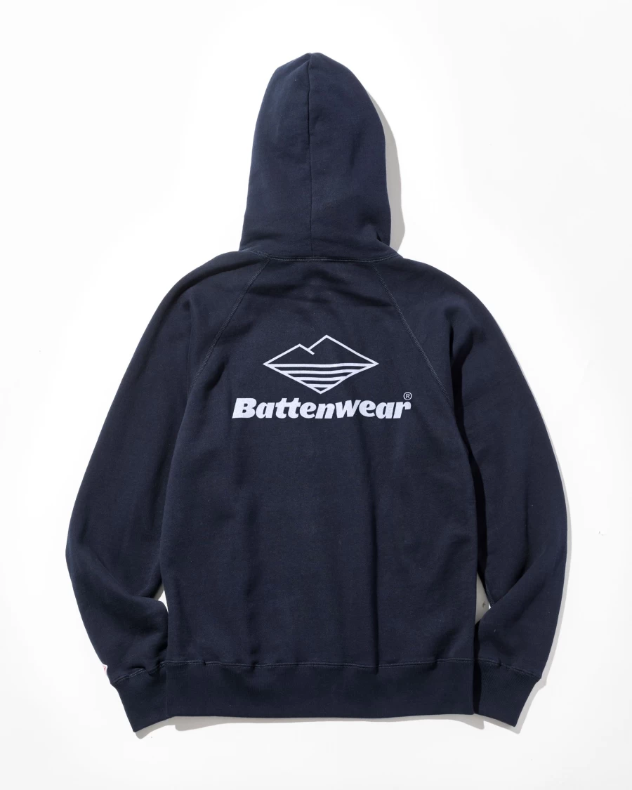 Battenwear Men's Team Reach-Up Hoody in Midnight Navy - Print B Pullover Hoodie
