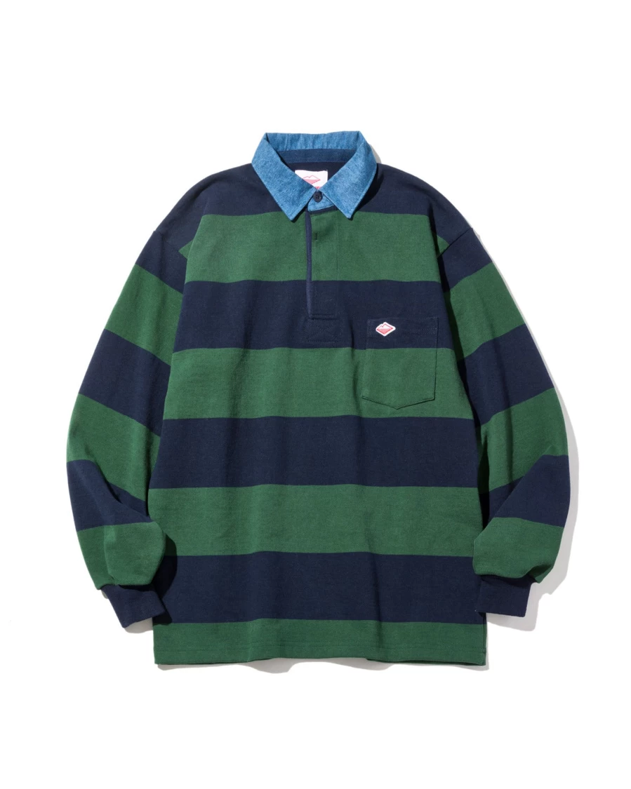 Battenwear Men's Green X Navy Stripe Pocket Rugby Shirt - Classic Striped Casual Top