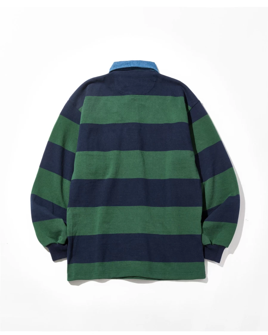Battenwear Men's Green X Navy Stripe Pocket Rugby Shirt - Classic Striped Casual Top